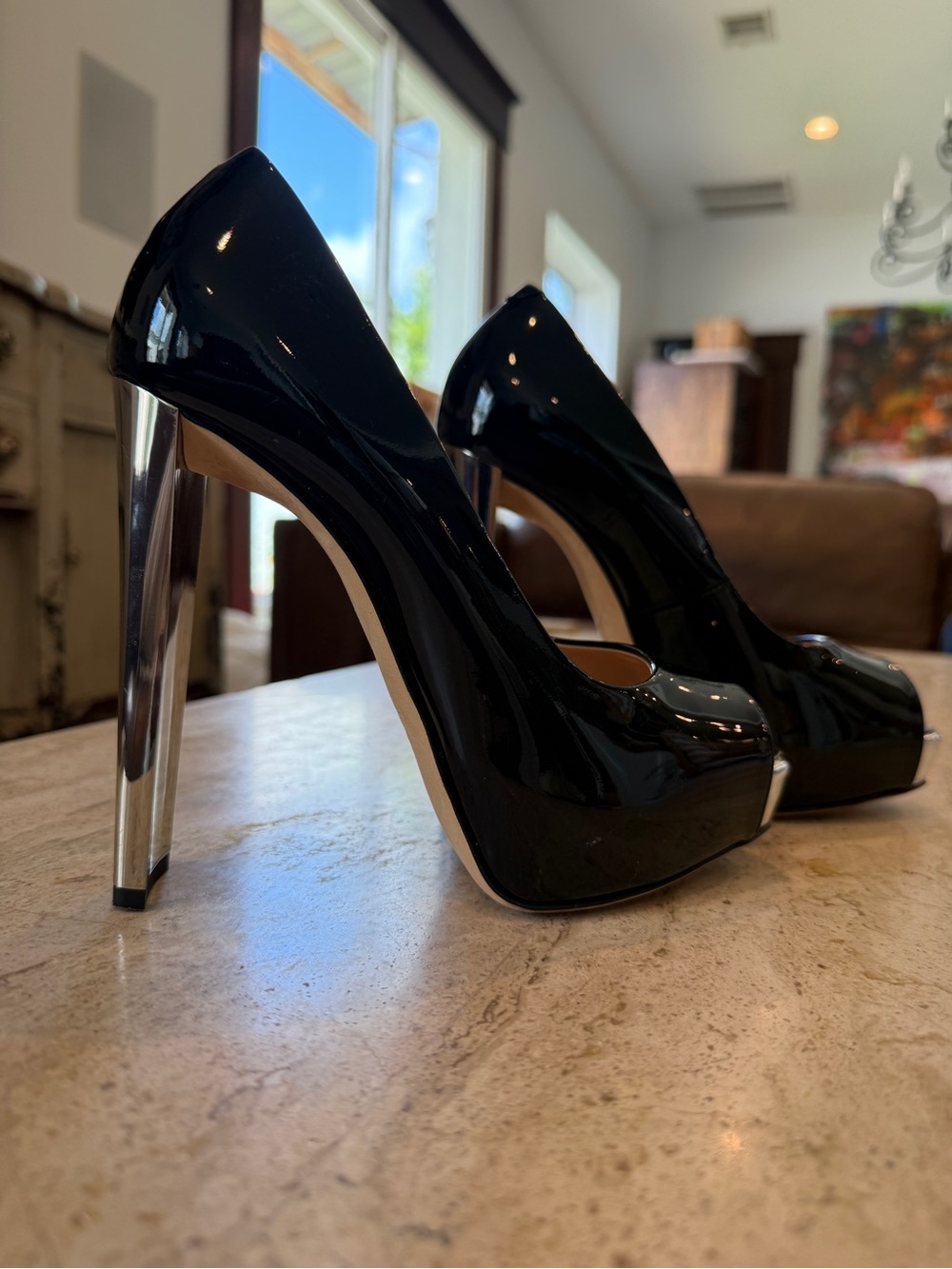 Giuseppe Zanotti Black Patent Platform Pumps with Silver Heel